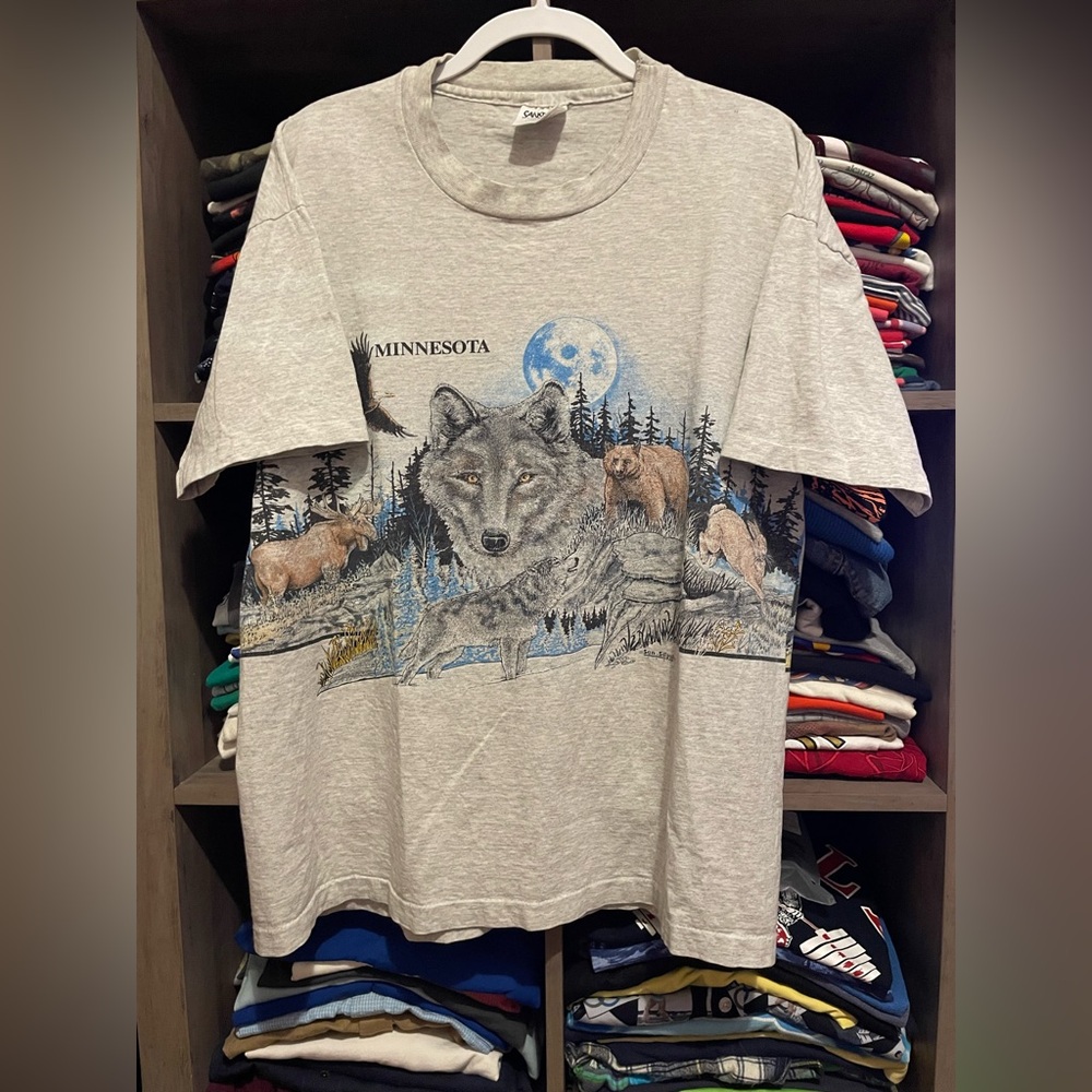 Vintage 1991 San Segal Minnesota Graphic Wolf Print Gray XL T-Shirt
